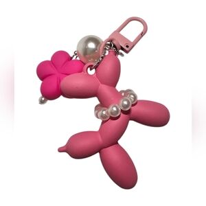 ​💕 Matte Pink Balloon Doggy Pearl Keychain Hot Pink Flower 💕